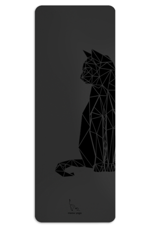 black yoga mat with geometric cat design - meow yoga dubai