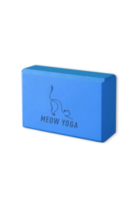 blue yoga block with engraved meow yoga logo